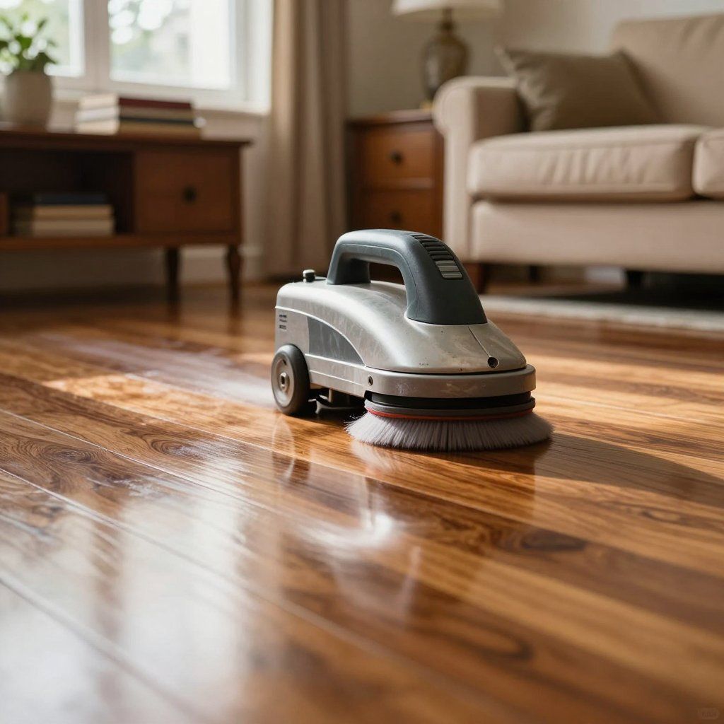 A floor polisher cleaning a shiny, wooden floor in a living room.