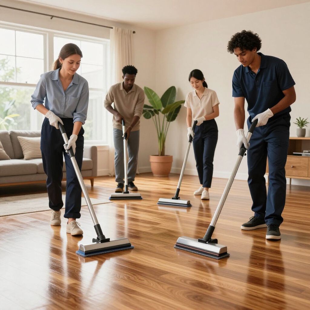 Four people mopping a wooden floor in a living room, using mops.