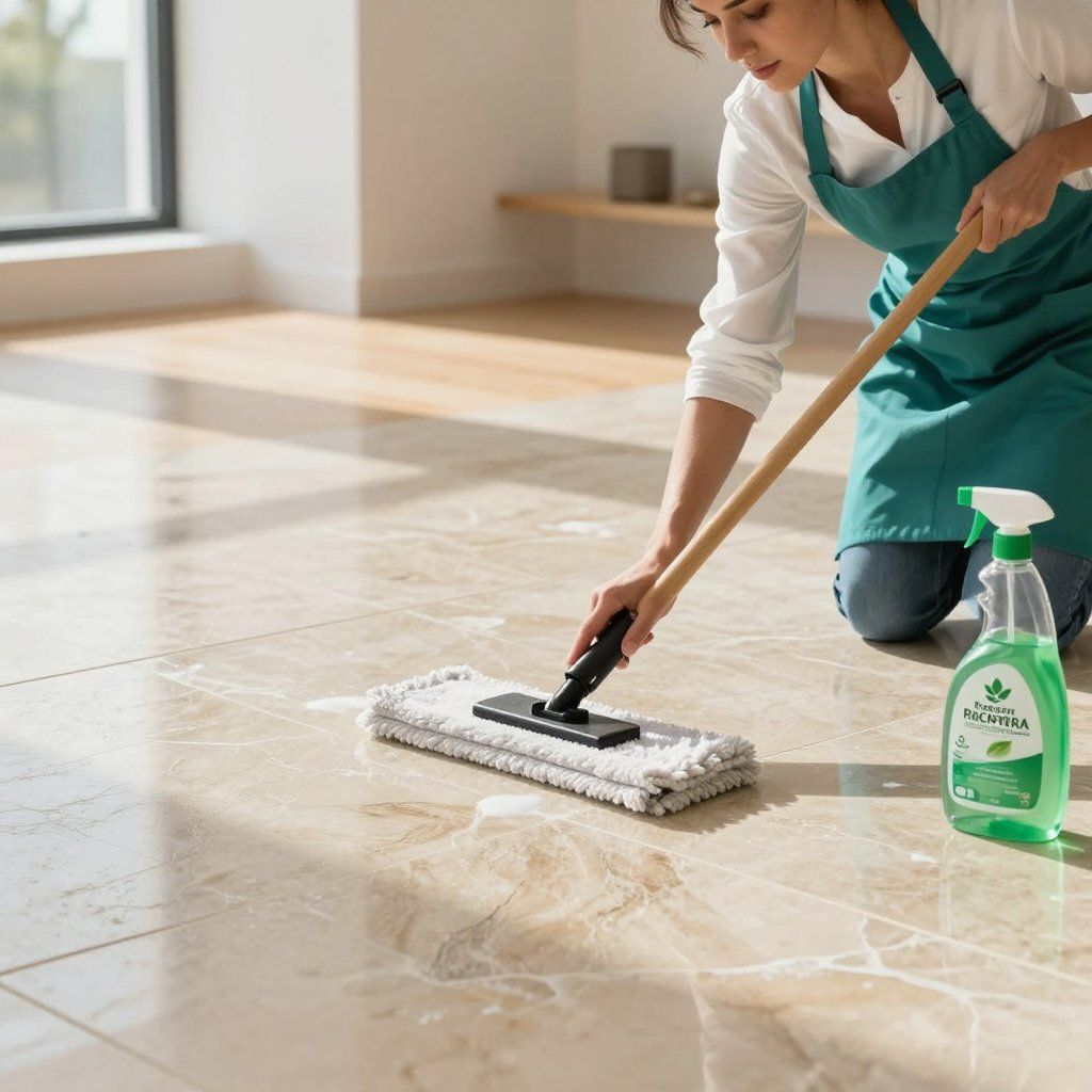 Woman mopping a marble floor. She's kneeling, using a green spray bottle, wearing an apron.