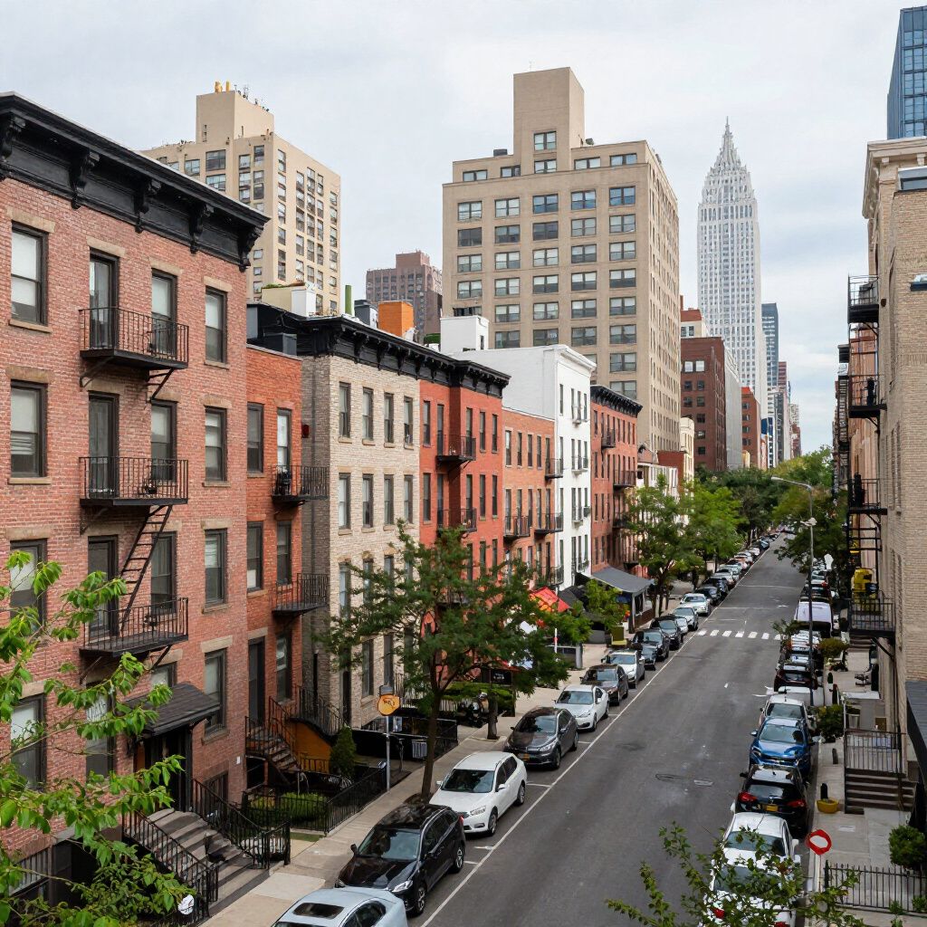 City street lined with parked cars, buildings of varied height and architectural styles.