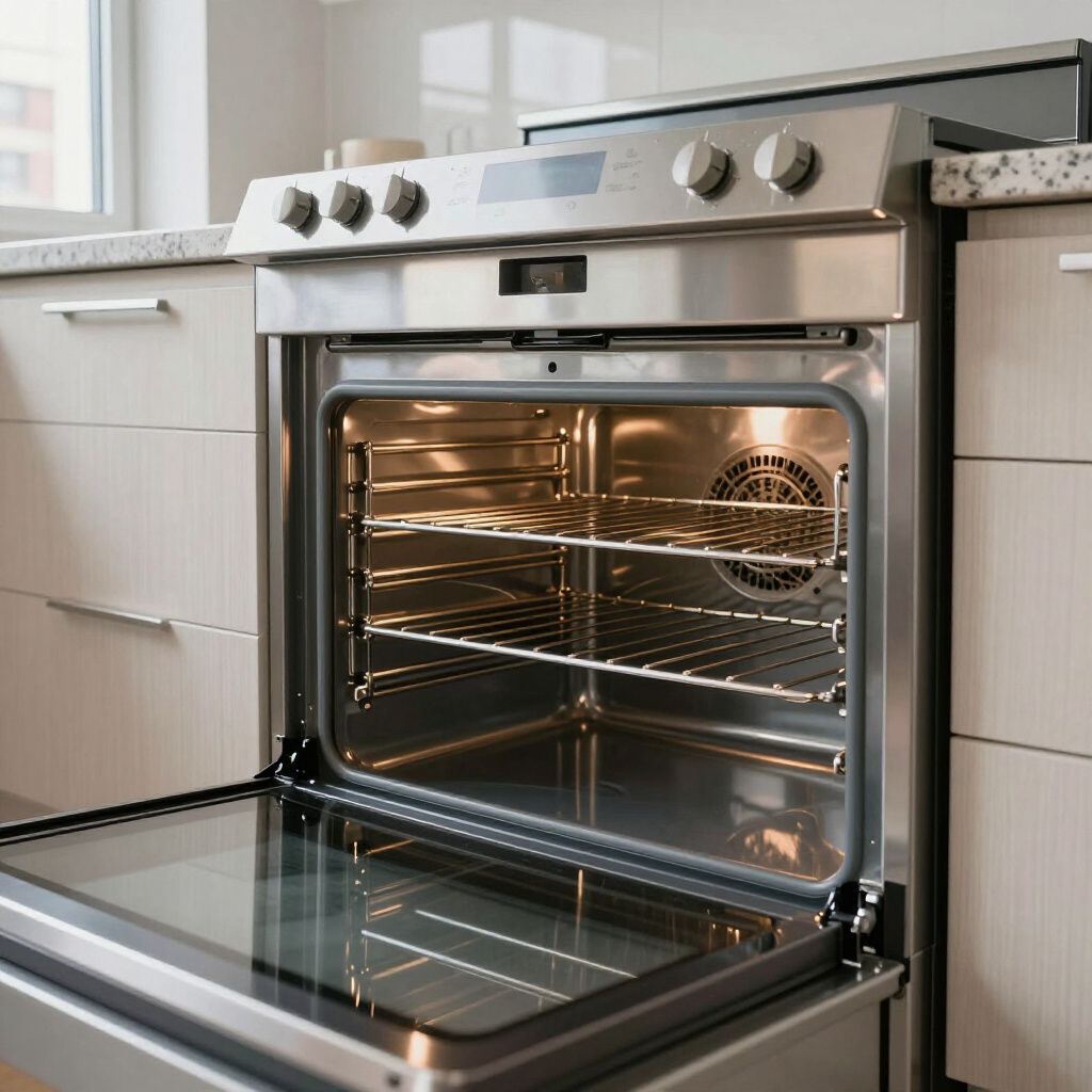 Opened stainless steel oven in a modern kitchen. Interior shows racks and fan.