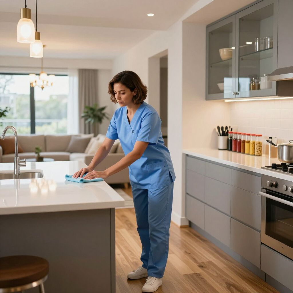 Woman in blue scrubs cleaning a kitchen counter. Bright, modern kitchen.