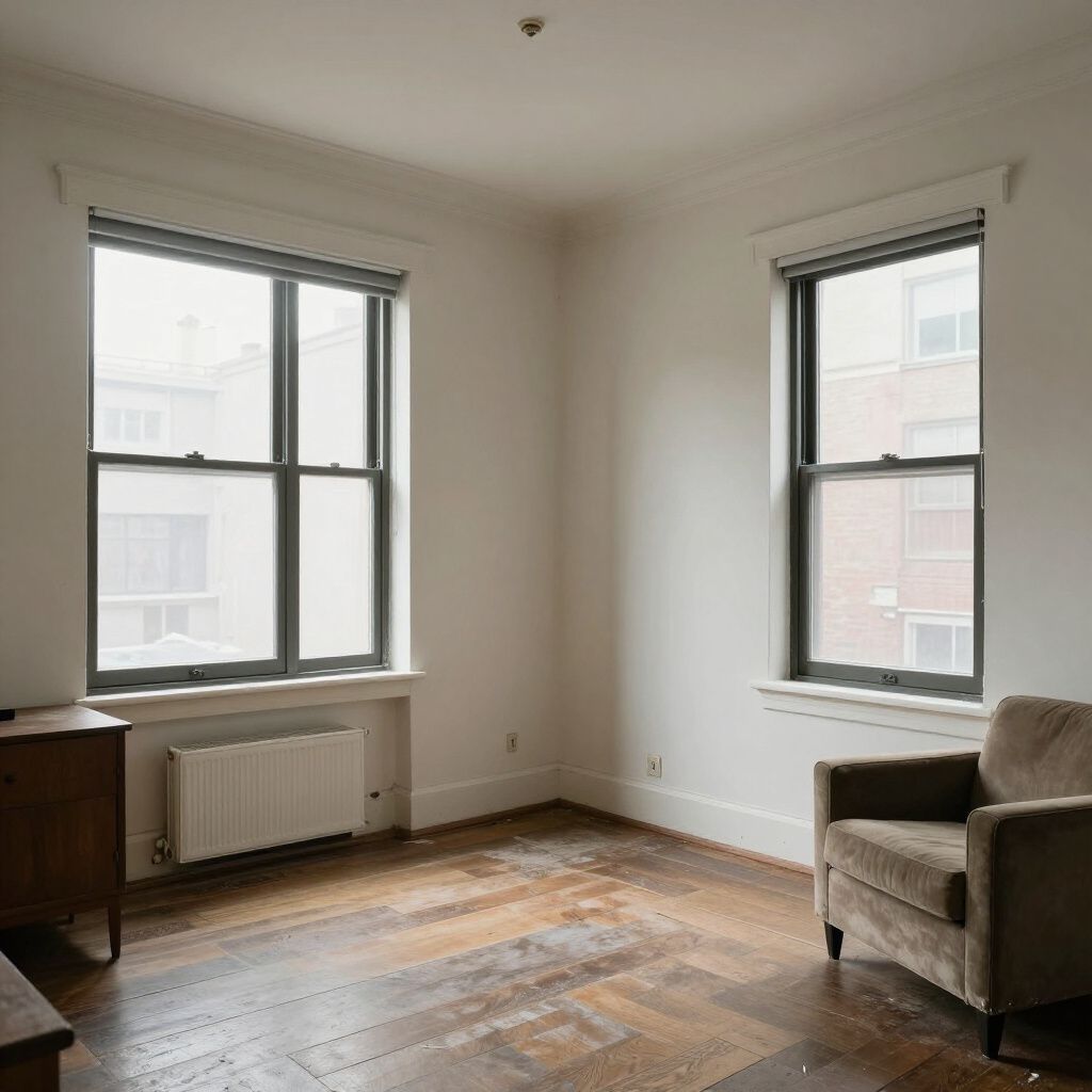 Empty room with two windows, a wood floor, and a brown armchair.