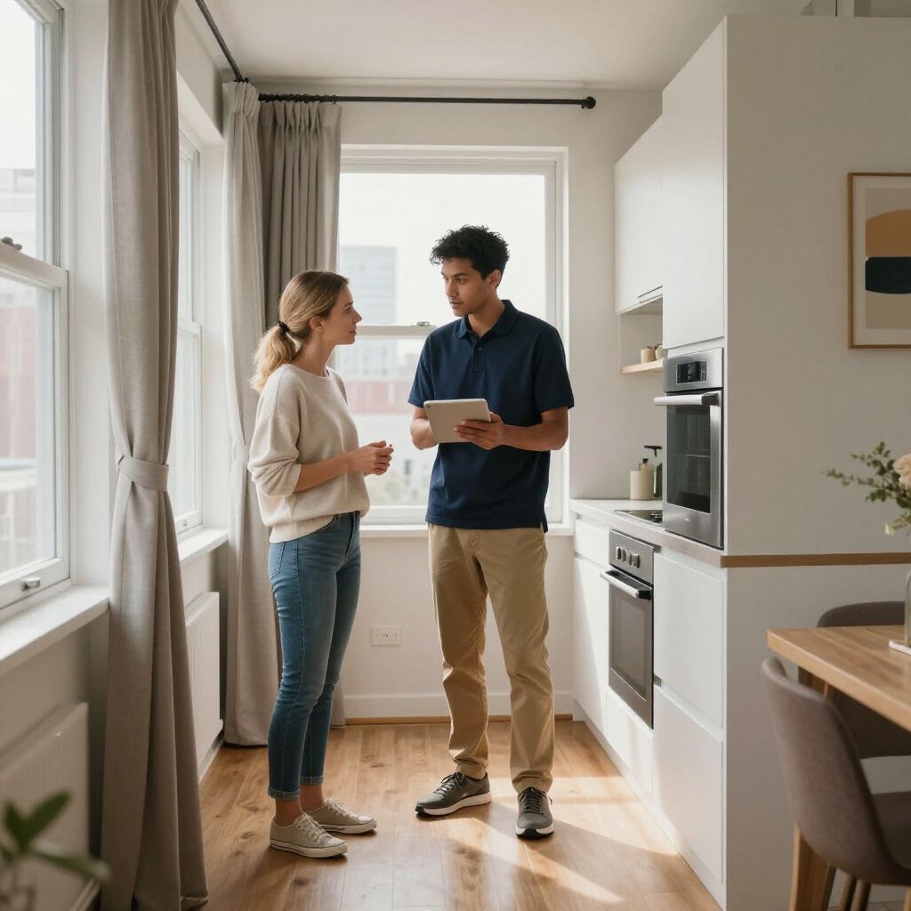 Woman and man in a kitchen, looking at a tablet. Man holds tablet, wearing a dark blue shirt and tan pants.