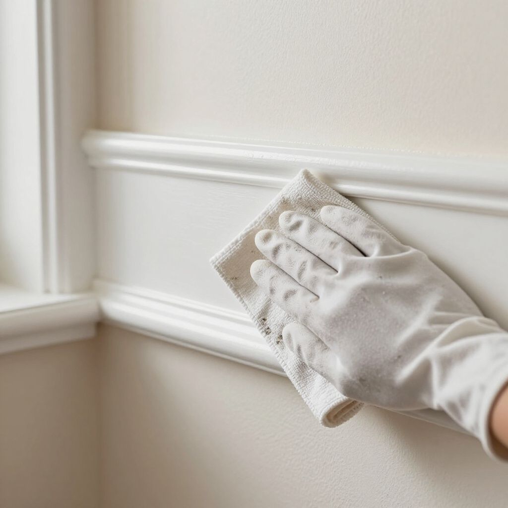 Gloved hand wiping white molding with a cloth in a corner of a room.