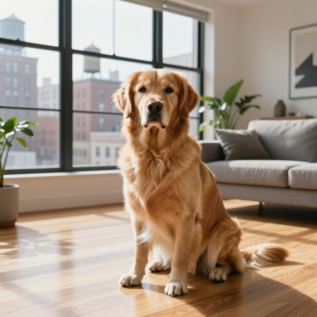 Golden Retriever sits on a wooden floor in a sunny room, looking directly at the camera.