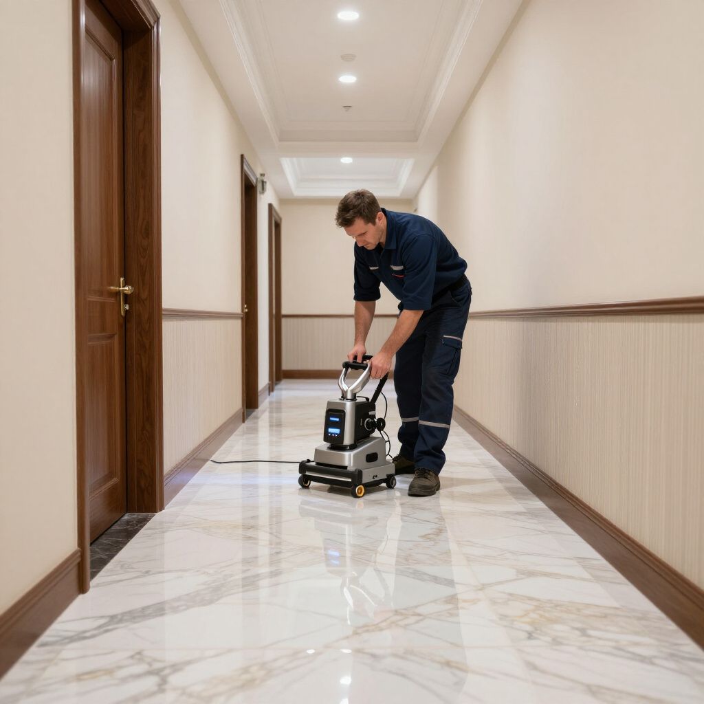 Man operating a floor cleaning machine in a hallway. The floor is shiny.