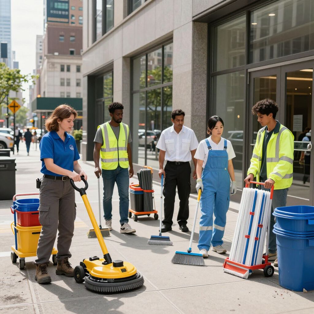 Group of people cleaning a city sidewalk. They are using brooms, mops, and a floor cleaning machine.