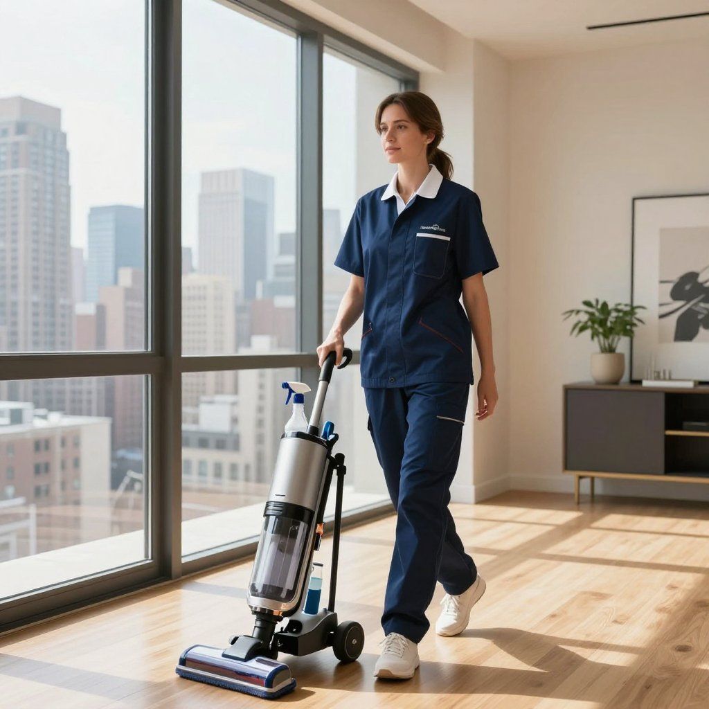 Woman in blue uniform vacuums hardwood floor in a high-rise apartment with city view.