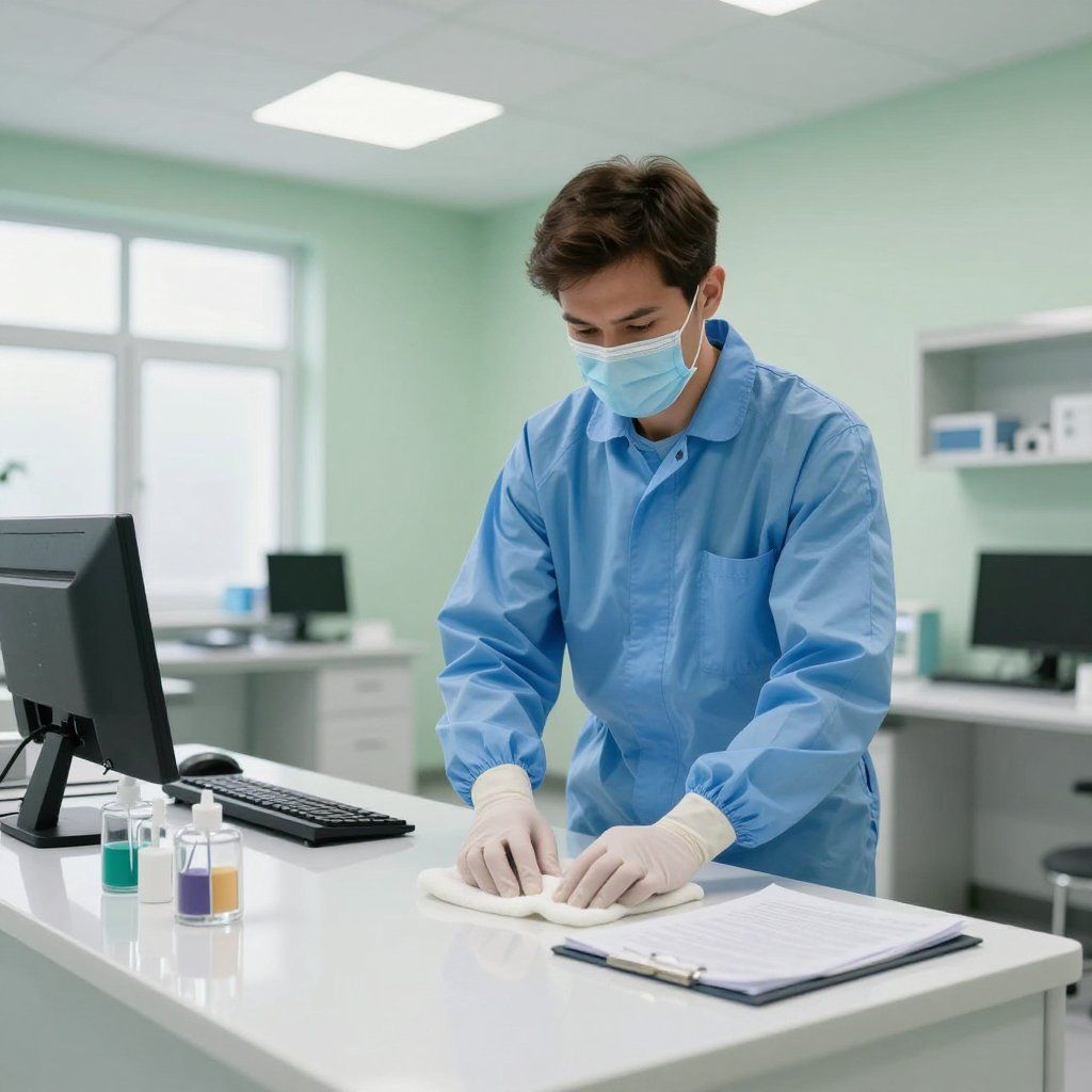 Person in lab coat and mask cleaning a lab countertop.