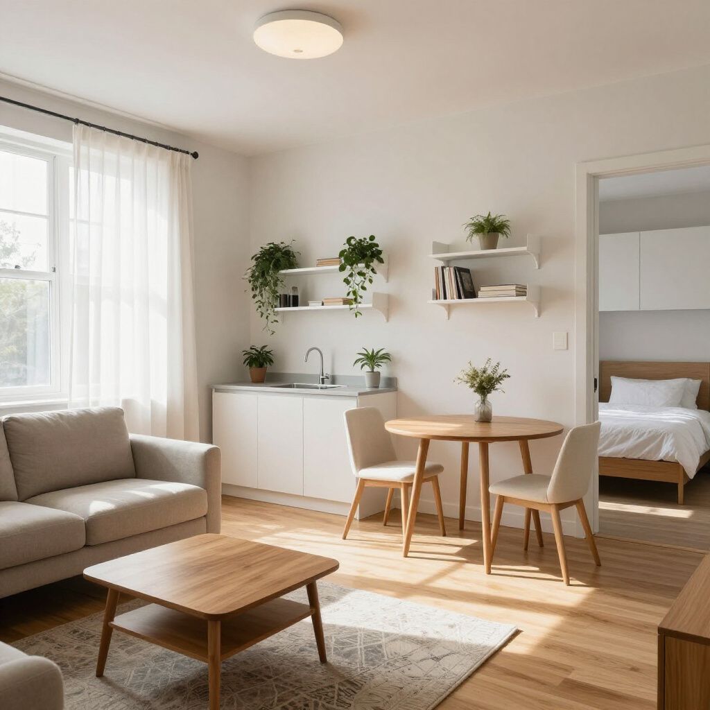 Living room with couch, round table, and plants; bedroom visible in the doorway. Bright, neutral tones.