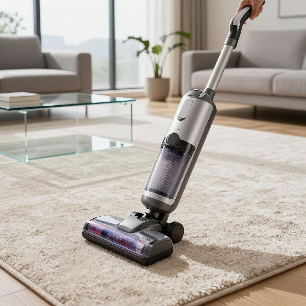 Person using a silver and black upright vacuum cleaner on a beige carpet in a living room.