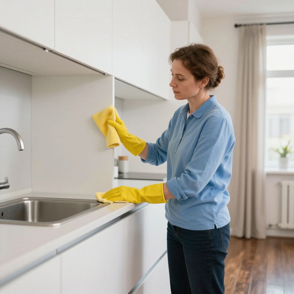 Woman wearing yellow gloves cleaning white kitchen cabinets with a yellow cloth.