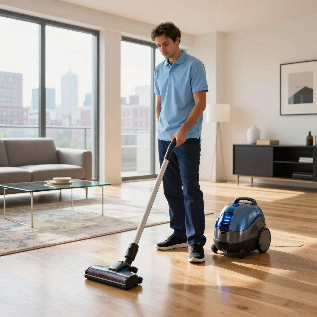 Man vacuums wooden floor in a modern living room. Blue vacuum cleaner, sofa, windows, and minimalist decor.