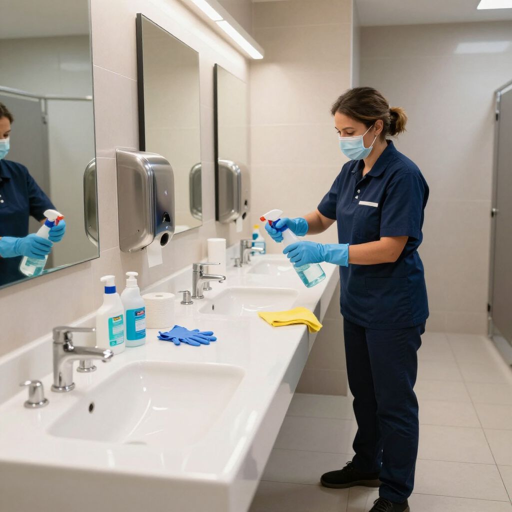 A person wearing a mask and gloves sprays and wipes down a public restroom sink.