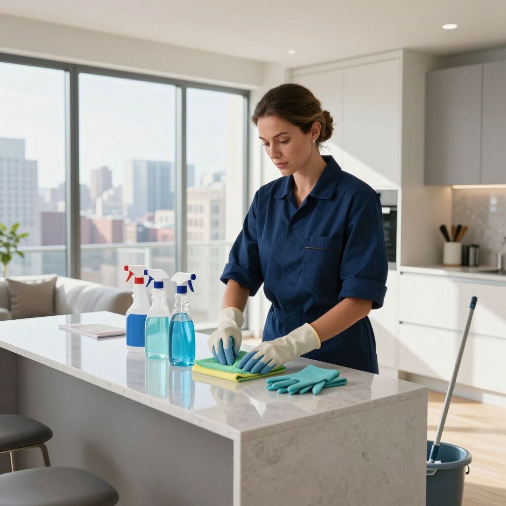 A person wearing gloves cleaning a kitchen countertop with cleaning supplies, a mop, and city views in the background.