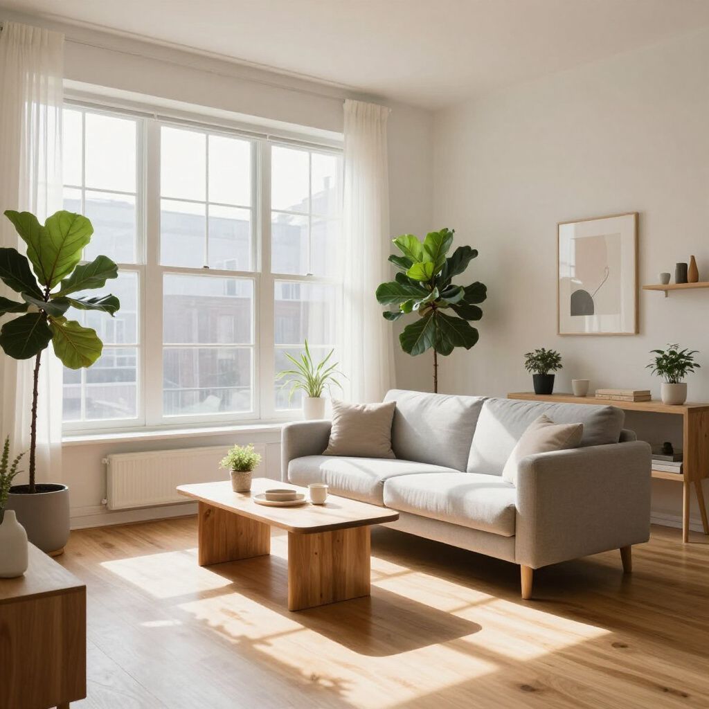 Bright living room with a gray sofa, wooden furniture, and large windows with plants.