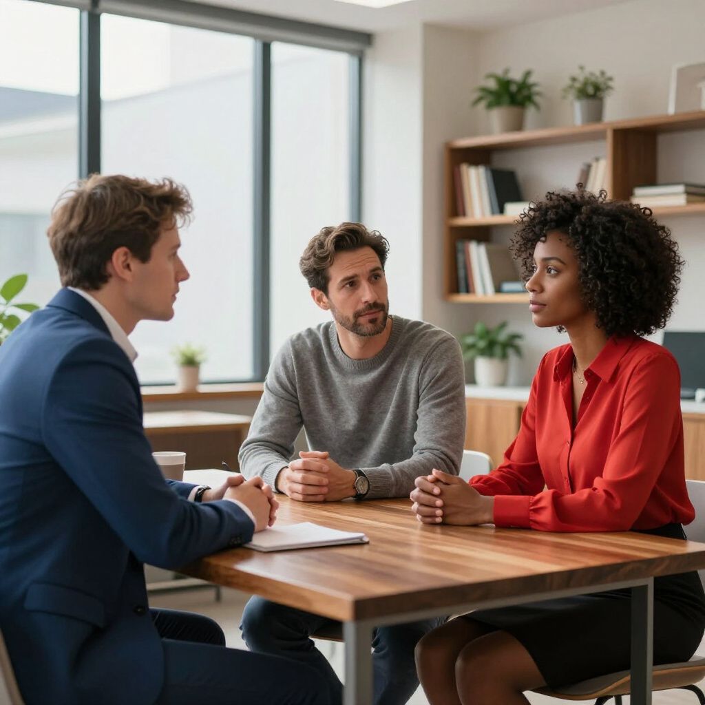Man in suit consults with a couple at a table in a modern office.
