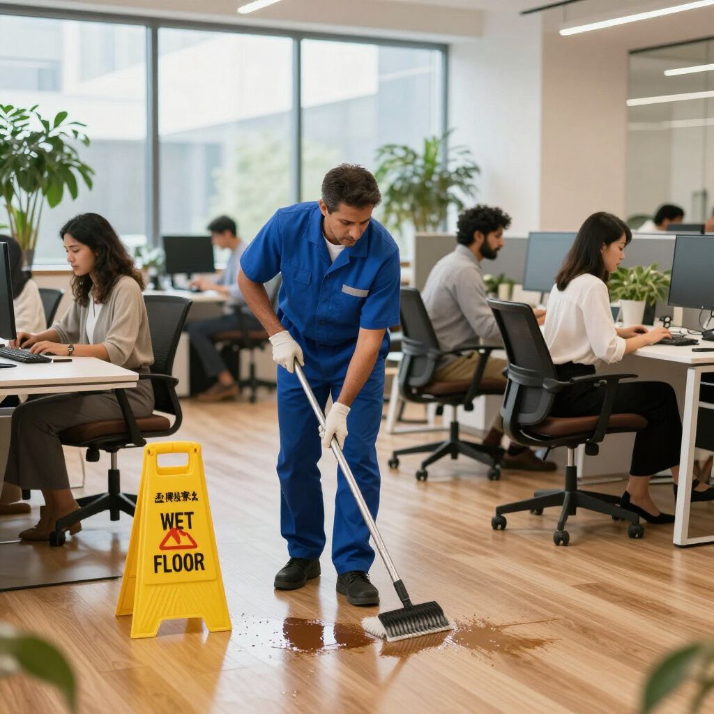 Custodian sweeping a wet floor in an office. A