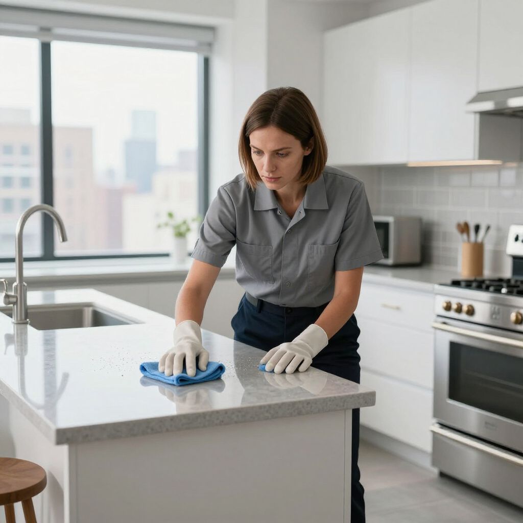 Woman cleaning a kitchen countertop with a blue cloth, wearing gloves, gray shirt, and navy pants.