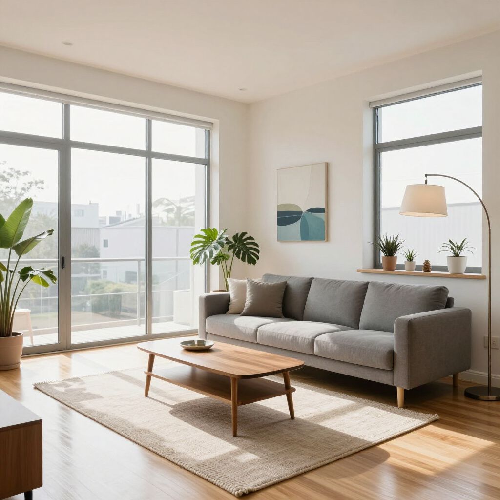 Living room with grey sofa, wooden coffee table, plants, and large windows.