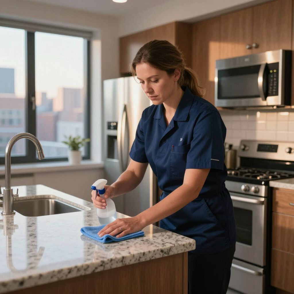 Woman in blue cleaning kitchen countertop with spray bottle and cloth.