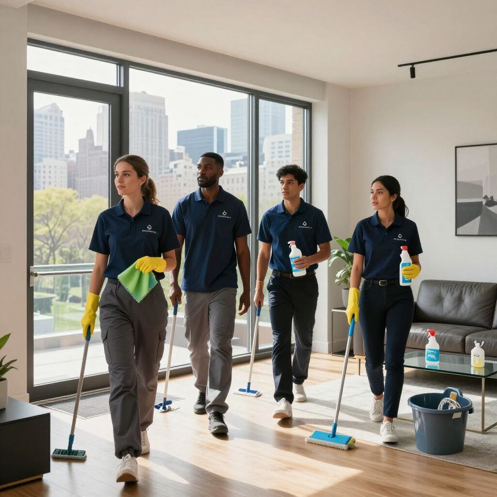 Four people in matching blue shirts cleaning a modern apartment.