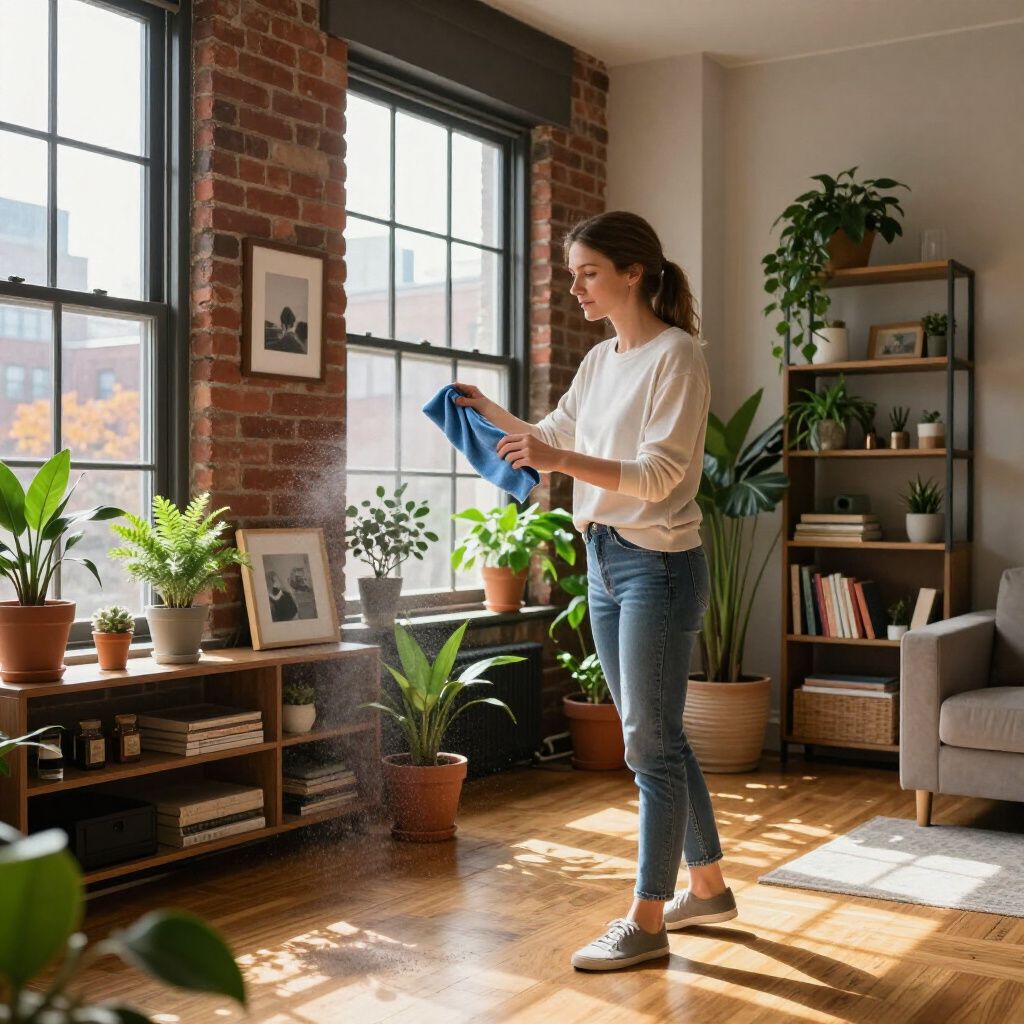Woman cleaning wooden shelves with spray bottle and cloth, surrounded by potted plants in a sunlit room.