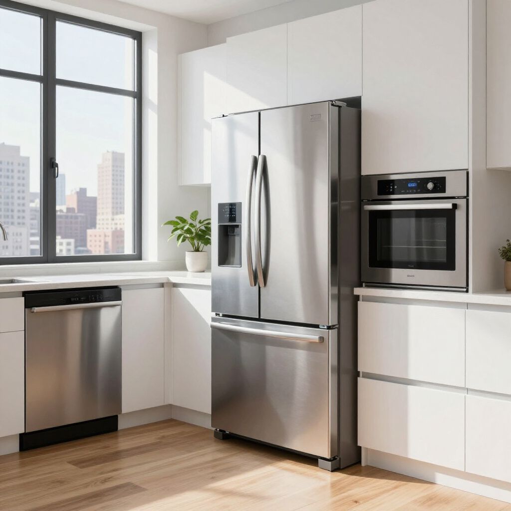 Stainless steel kitchen appliances (fridge, oven, dishwasher) in a modern white kitchen. Sunlight streams through a window.