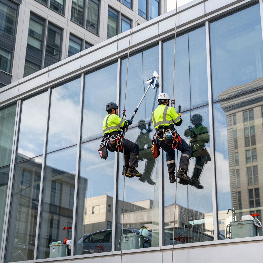 Window washers suspended by ropes, cleaning glass on a modern building. Reflective glass shows surrounding buildings.