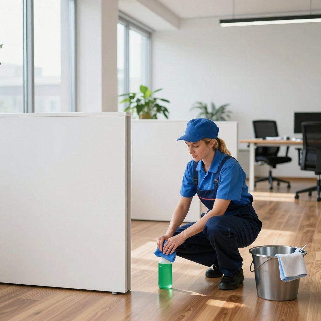Janitor in blue uniform cleaning a floor in an office. Bucket with cleaning supplies next to her.
