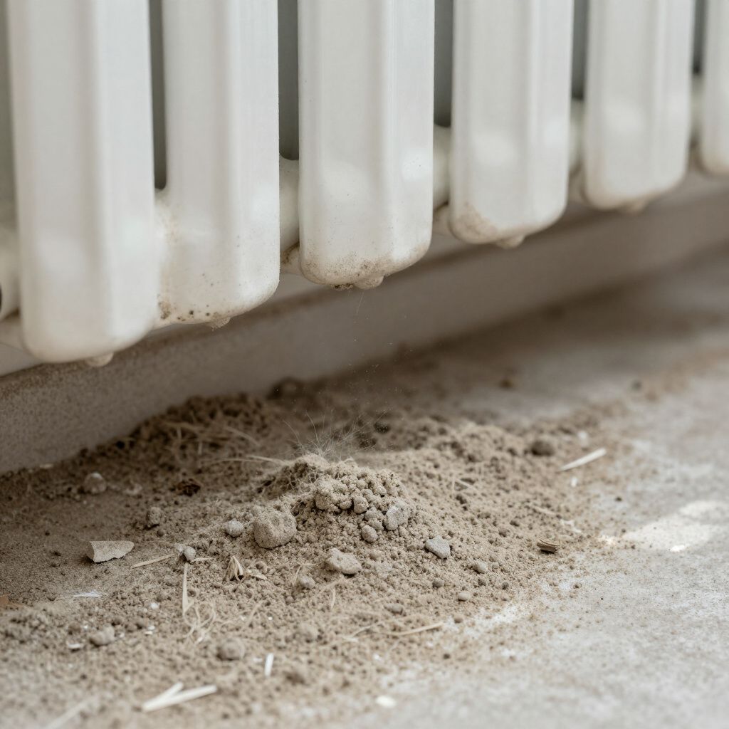 White radiator with dust and debris on a concrete floor.