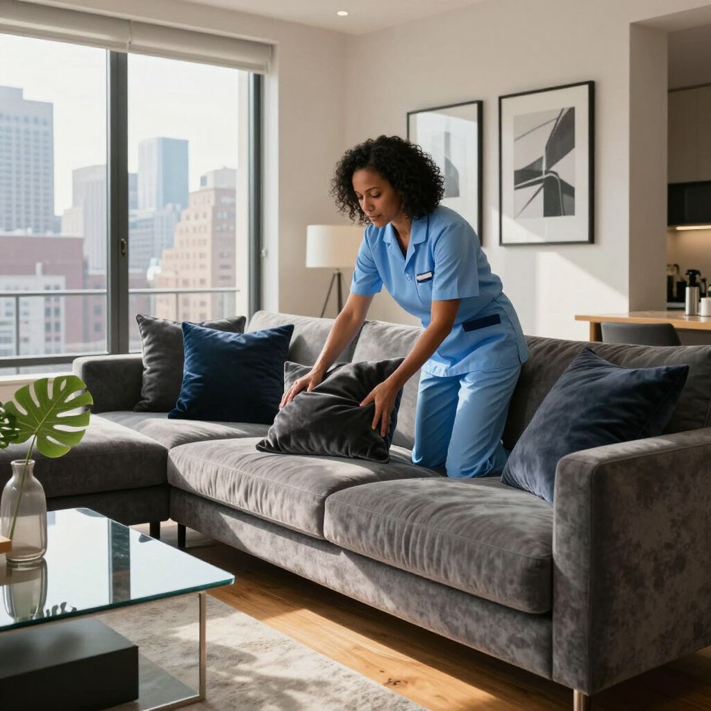 A person in blue uniform arranging pillows on a gray sofa in a modern apartment, city view.