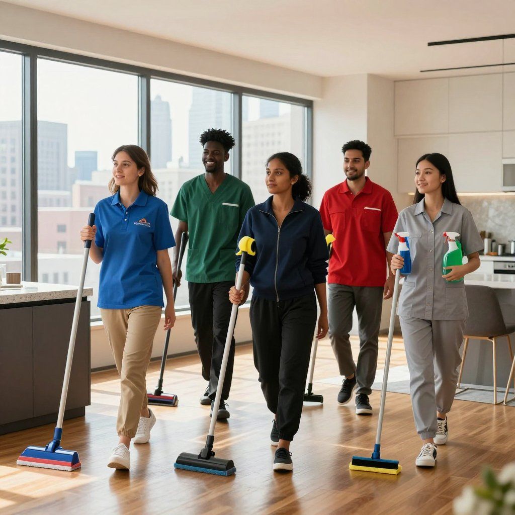 Cleaning staff in colorful shirts walk through a modern building, holding cleaning tools.