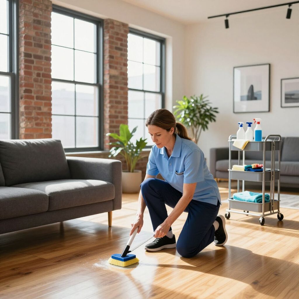 A person in a blue uniform cleans a hardwood floor with a scrubbing tool in a well-lit room.