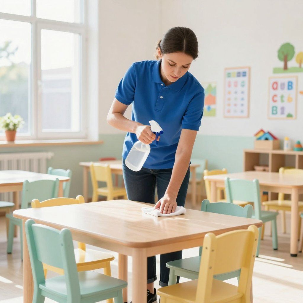 Woman cleaning a preschool table with spray and cloth. Classroom setting with colorful chairs and window.