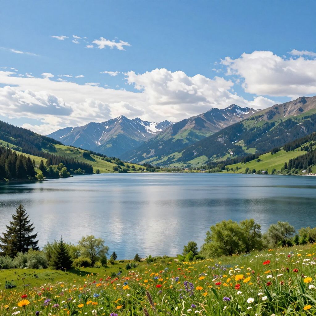 Lush green meadow with wildflowers, a serene lake, and majestic snow-capped mountains under a bright blue sky.