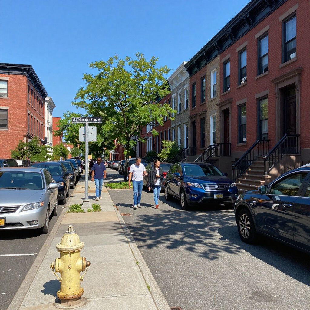 Street scene with parked cars, brick buildings, sidewalk, people walking, and a yellow fire hydrant.