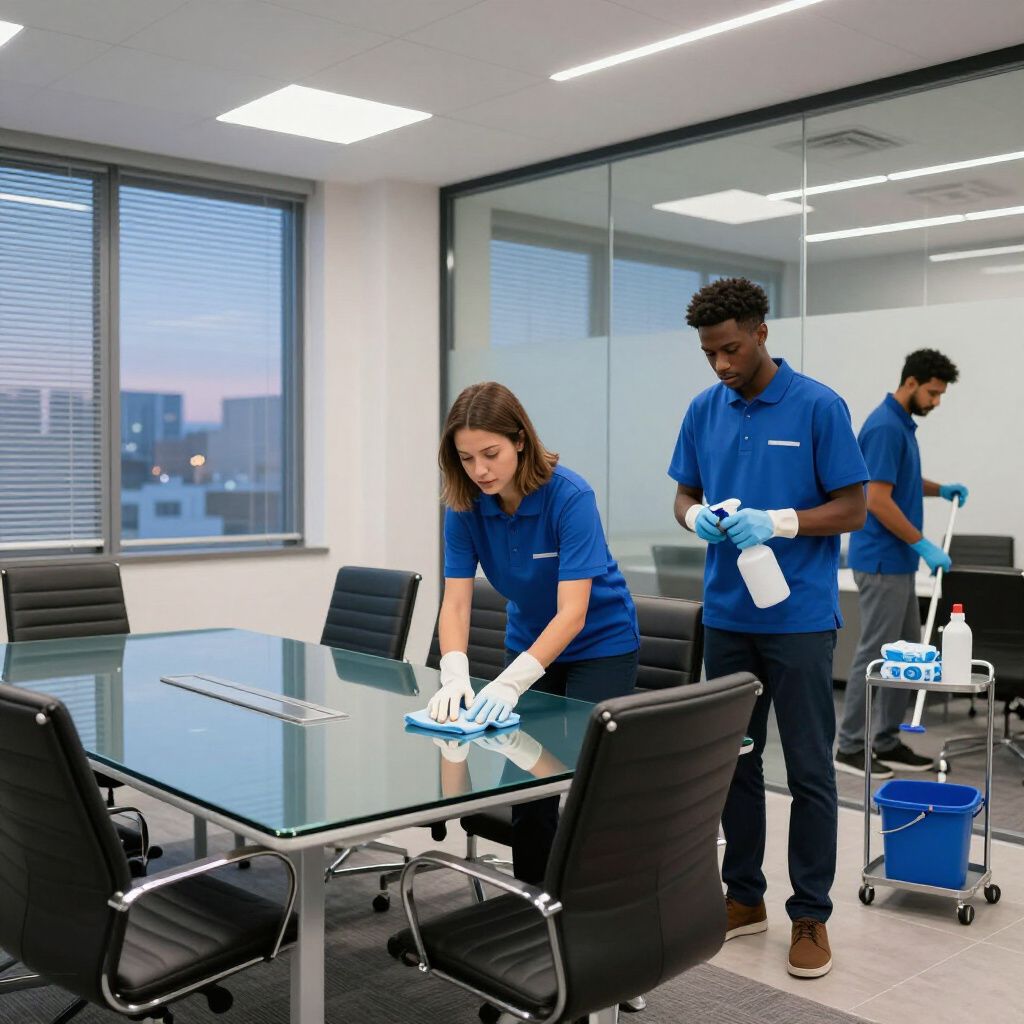 Three people in blue shirts cleaning an office conference room: wiping surfaces, with cleaning supplies.