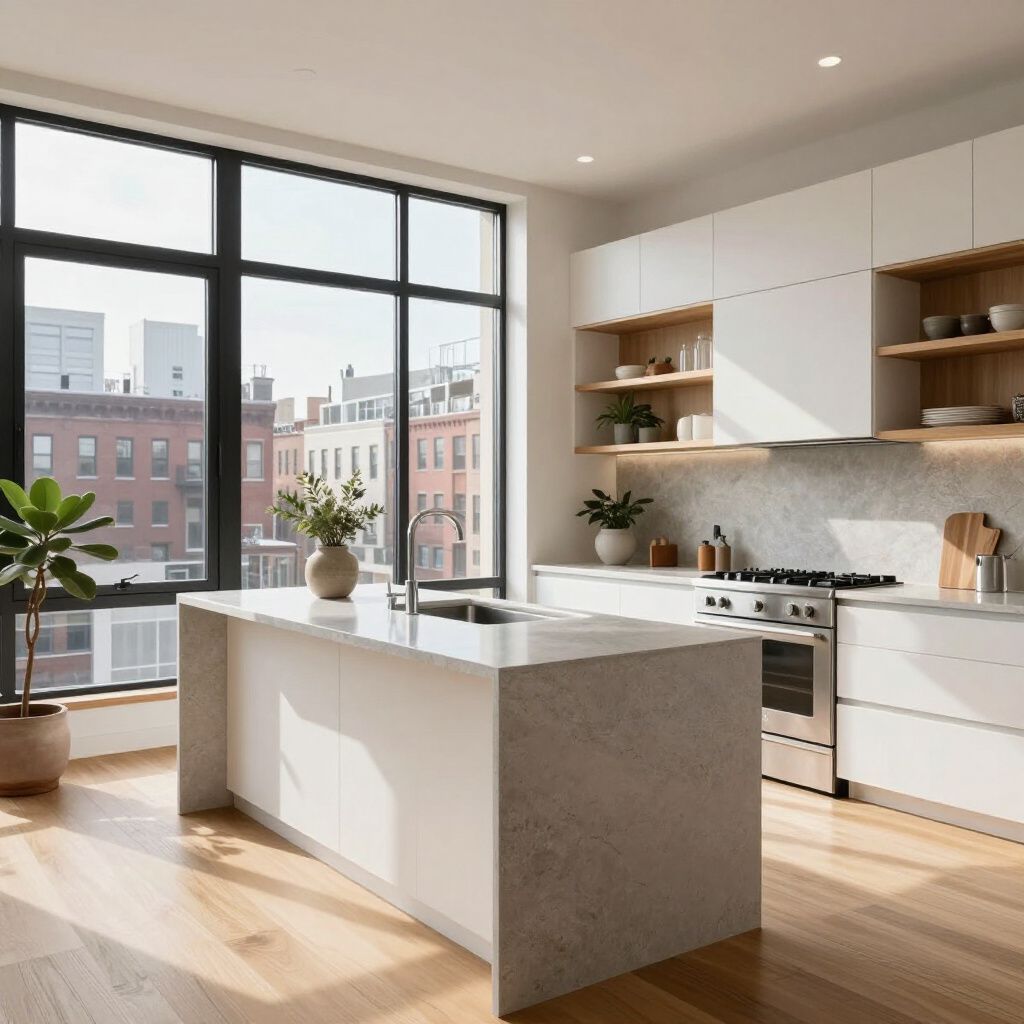Modern white kitchen with island, large windows, and city view. Wooden floors and open shelves.