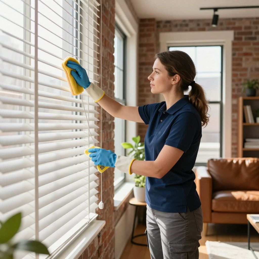 Woman wearing gloves cleans white blinds in a sunlit room.
