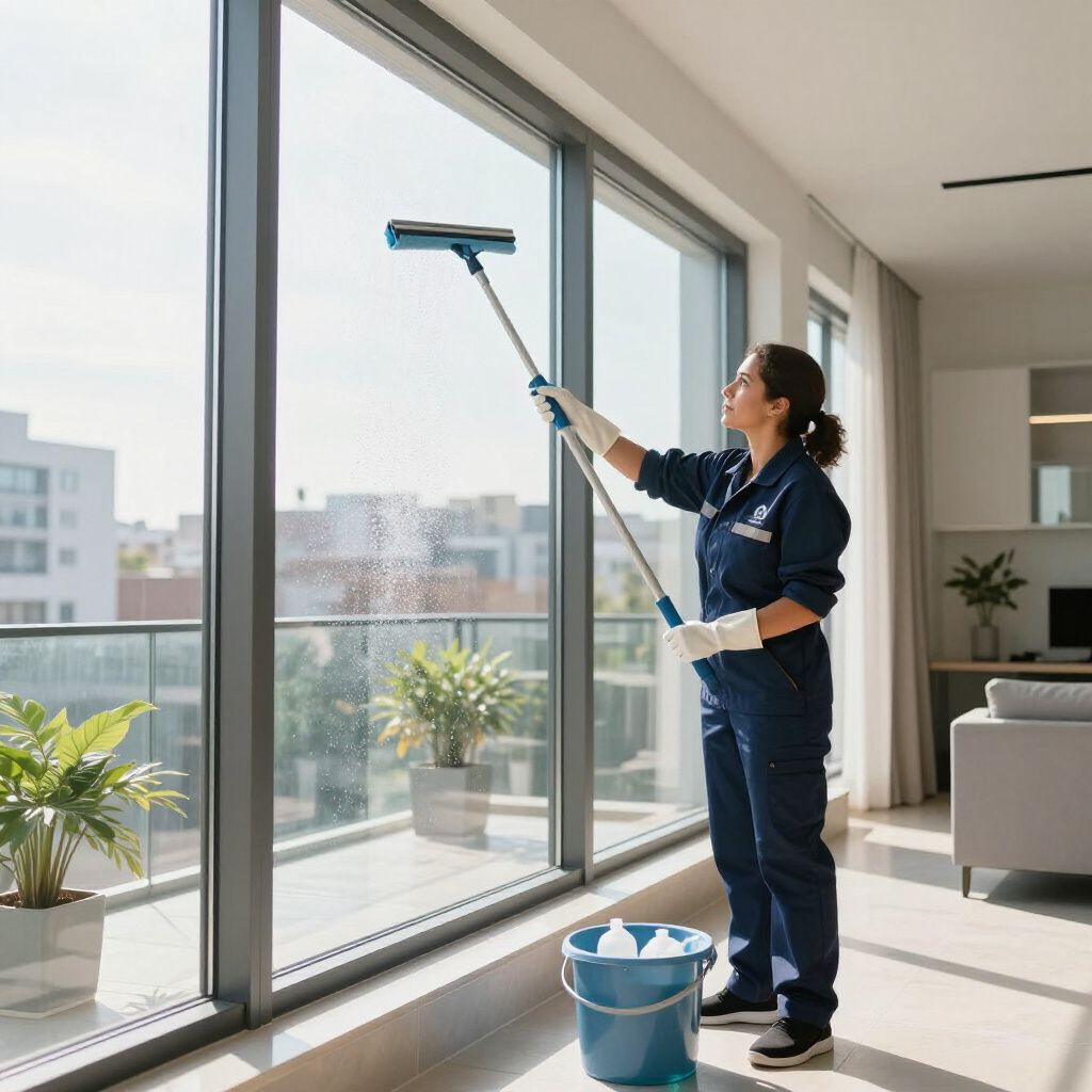 Woman in blue jumpsuit cleaning a large window with a squeegee, bucket at feet, balcony view.