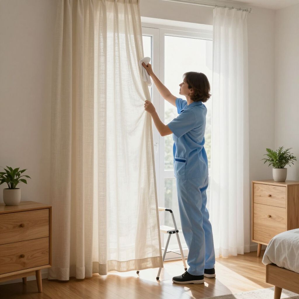 Woman adjusting a light-colored curtain near a window. She's standing on a small stool in a bright bedroom.