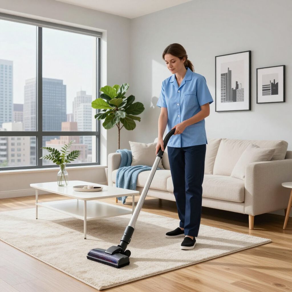 Woman in blue cleaning rug with vacuum in a modern living room.