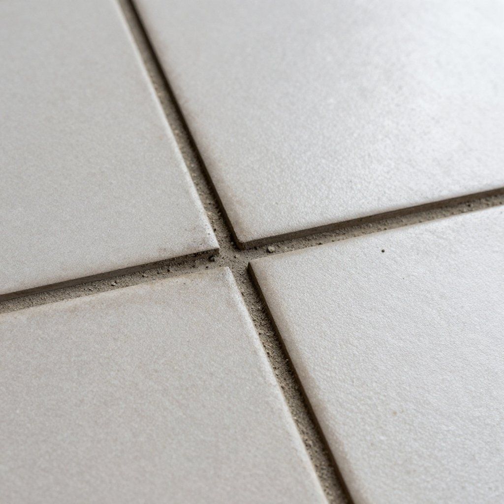 Close-up view of four light-colored square tiles with dark grout lines.