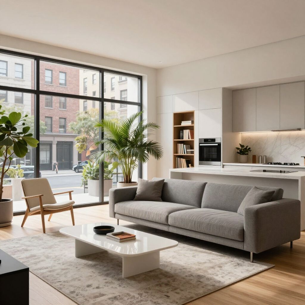 Modern living room with a gray sofa, large window, and indoor plants.