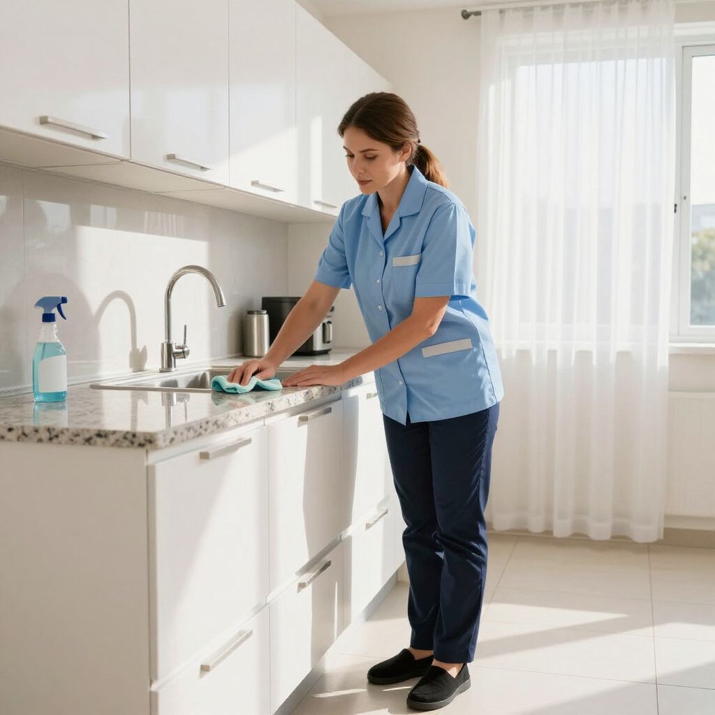 Woman in blue cleaning kitchen counter with a spray bottle and window in background.