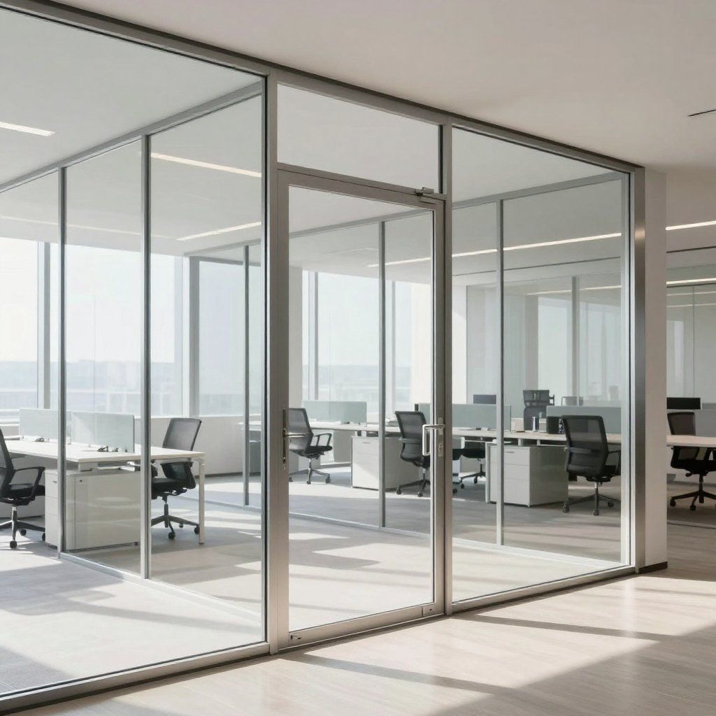 Office interior with glass walls, desks, and chairs. Bright natural light.