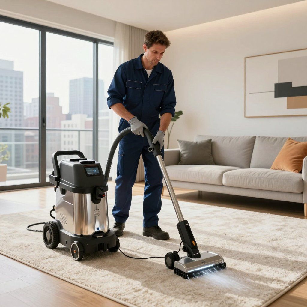 Man using a carpet cleaner on a rug in a living room.