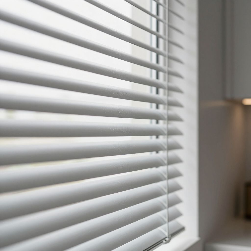 White horizontal blinds, partially open, with sunlight streaming through.